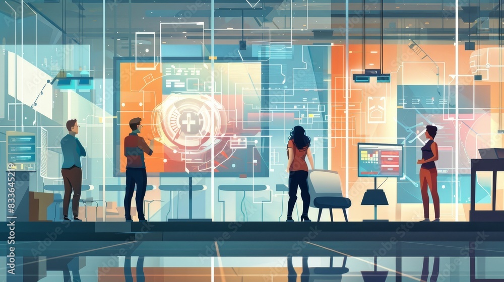 Poster professionals collaborating in a high-tech office, gathered around large digital screens displaying 