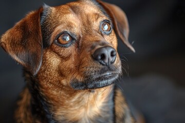 Detailed close-up of a brown dog with a focused gaze against a blurred background