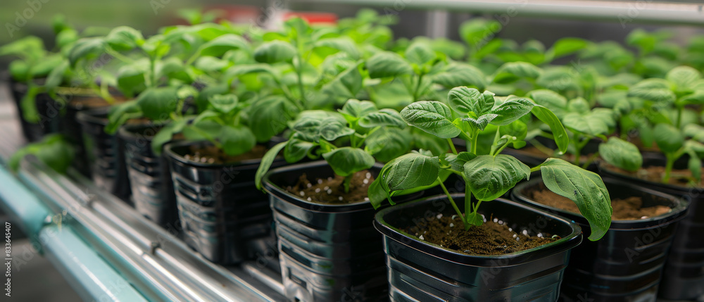 Poster cutting-edge lab experiment showcases hydroponically grown greenery in pots.
