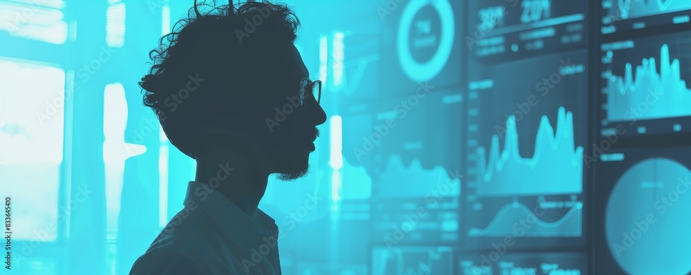 Poster silhouette of a person looking at digital data screens displaying charts and graphs in a modern tech