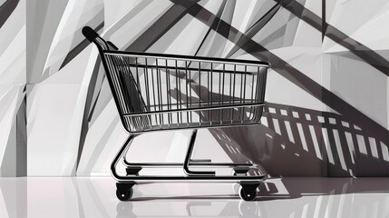 Obraz premium Gentle lavender backdrop featuring a 3D empty shopping cart, rendered in a minimalist design, perfect for concepts of consumer behavior or market emptiness