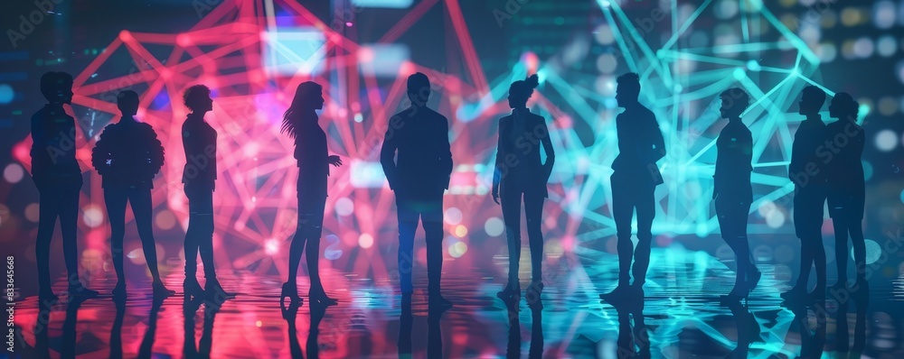 Poster silhouetted people networking against a backdrop of colorful digital connections and glowing data po