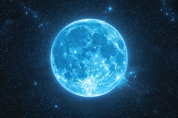 a full light blue moon in the night sky lots of shiny silver stars