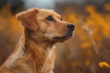 A serene profile of a dog with a blurred floral background emphasizing the natural beauty and calmness of the scene
