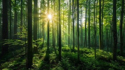 Obraz premium Green forest with tall trees and sunlight shining through the leaves, symbolizing nature's beauty and hope for sustainable development.