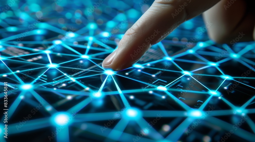 Aufkleber a close-up of a finger touching a virtual network of interconnected nodes, representing the evolutio