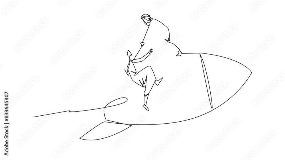 Poster animated self drawing of continuous line drawing arabian businessman helps colleague climb flying ro
