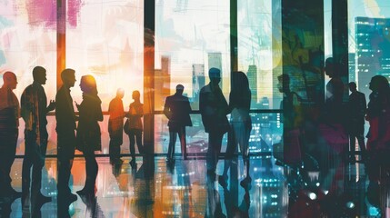 Silhouettes of businesspeople interacting in an office with cityscape backdrop, showcasing teamwork, communication, and innovative ideas.