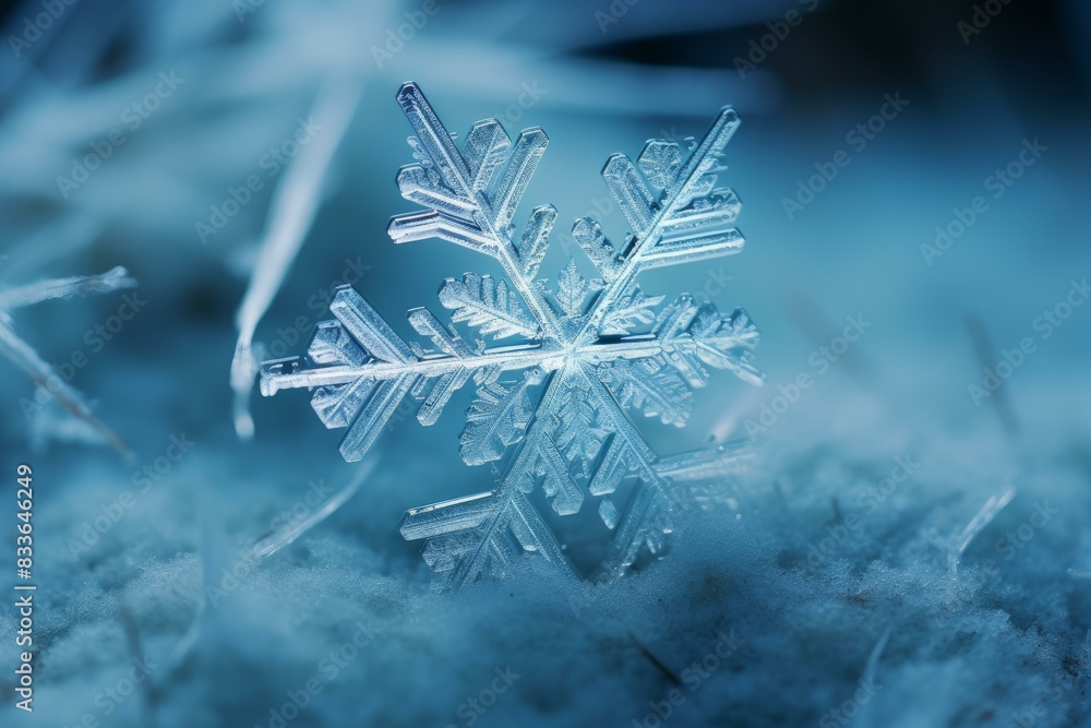 Poster close-up shot of a delicate snowflake, showcasing its unique symmetrical pattern