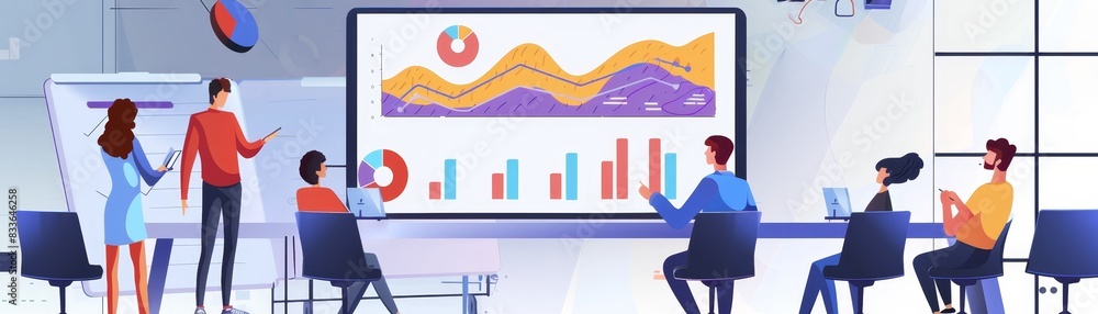 Poster team analyzing charts and graphs during a business meeting in a modern office setting, discussing da