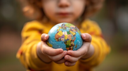 Child hands gently holding a small globe, with their face blurred in the background