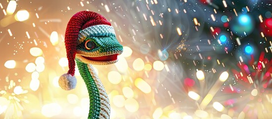A whimsical image of a digital dinosaur wearing a festive Santa hat against a colorful, bokeh-lit background - Powered by Adobe