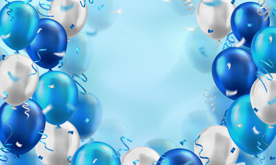 Blue wallpaper with lots of 3d realistic glossy balloons and confetti on blurred background with blank space for greeting text. Banner for birthday, celebration party, sale, opening event, holidays