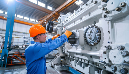 An industrial engineer replacing a part on a large piece of equipment, demonstrating technical expertise and precision, in a well-lit factory