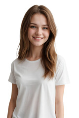 Fototapeta premium Portrait of a young Russian girl wearing white t-shirt, smiling and looking at the camera, isolated, transparent background, no background. PNG.