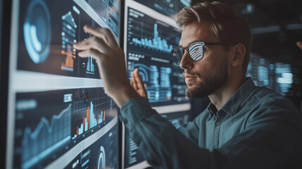 Fototapeta premium Financial report, stock market, and infographic data analysis in virtual space. With holographic.