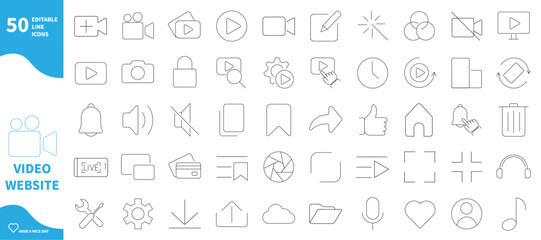 Video website interface icon. Set of video camera icons, play button, list, edit...