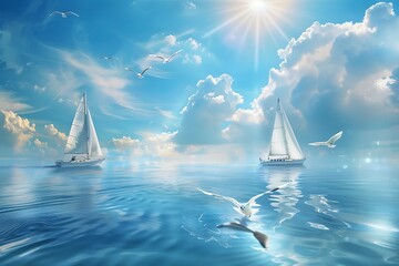 Peaceful summer scenes with sailboats and seagulls, set against a backdrop of calm seas and clear blue skies.