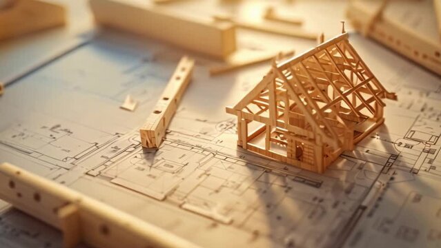 An elaborate model house sits atop a blueprint blueprint that shows how a carpenter builds a home from scratch using wooden roof trusses