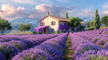 3D rendering of a charming countryside house surrounded by a vast lavender farm, with rows of purple blooms stretching towards the horizon.
