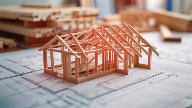 An elaborate model house sits atop a blueprint blueprint that shows how a carpenter builds a home from scratch using wooden roof trusses