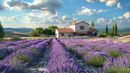 3D rendering of a charming countryside house surrounded by a vast lavender farm, with rows of purple blooms stretching towards the horizon.