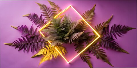 Obraz premium Neon yellow lights and fern leaves on a purple background, minimalism lighting, beautiful background, and wallpaper