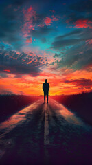 Obraz premium Silhouette at Sunset Pondering Moral Choices at a Crossroad 