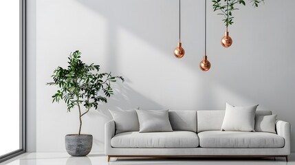 Modern living room interior with sofa and copper hanging light bulbs, minimalistic home decor in the style of white wall background.