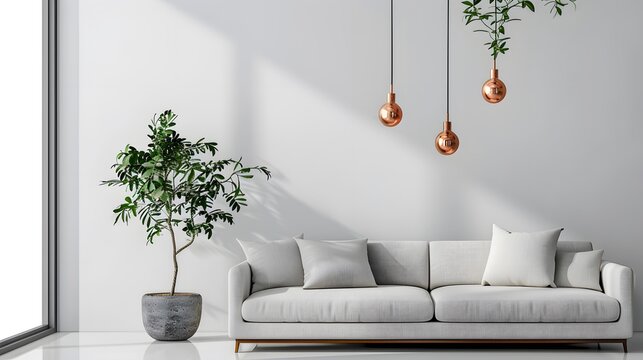 Modern living room interior with sofa and copper hanging light bulbs, minimalistic home decor in the style of white wall background.