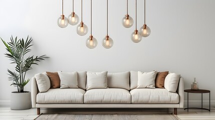 Modern living room interior with sofa and copper hanging light bulbs, minimalistic home decor in the style of white wall background.