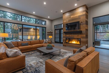 This warm, inviting space features a brown sofa, a fireplace, and wooden wall panels, perfect for cozy living
