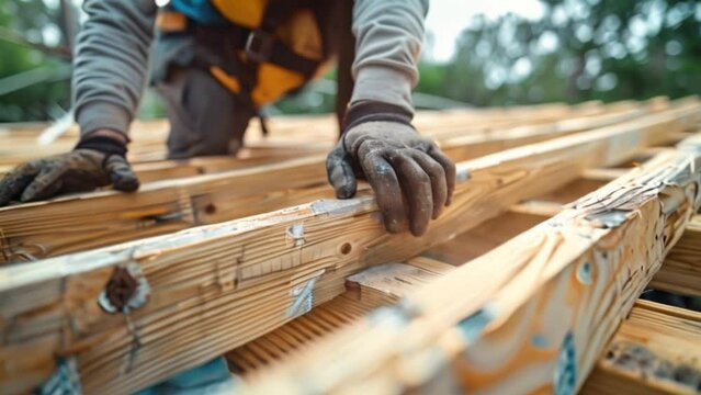 A carpenter works on wooden roof trusses as they shape the framework of a new home conceptual image of a carpenter working on wood beams for a new house