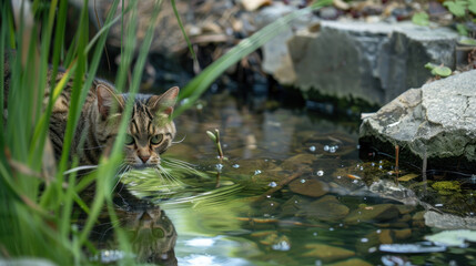 Obraz premium A curious cat lurks by the edge of a garden pond, intensely focusing on the water as it tries to catch a fish, capturing a moment of natural hunting behavior.