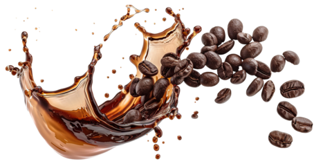 Roasted coffee beans splashing in delicious coffee, cut out