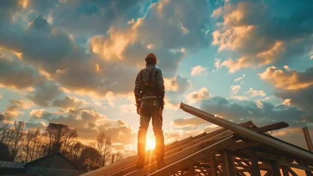 A carpenter works on wooden roof trusses as they shape the framework of a new home conceptual image of a carpenter working on wood beams for a new house