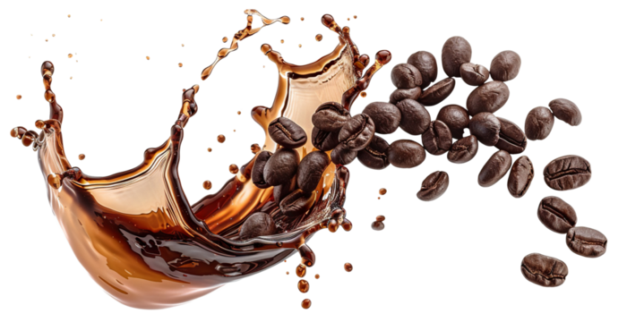 Roasted coffee beans splashing in delicious coffee, cut out