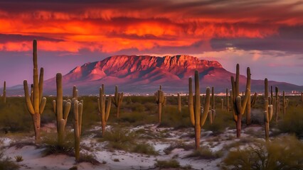 Desert sunset with mountain
