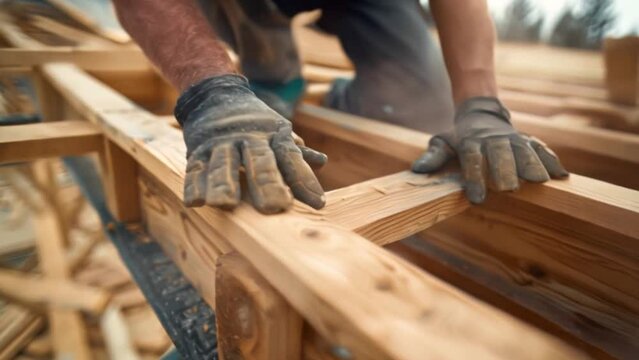 A carpenter shapes the framework of a new home with deft hands while building wooden roof trusses During construction of a new house, he works on the wood beams