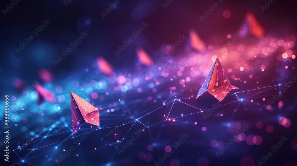 Poster paper planes flying in formation with digital network lines in the backdrop illustrate a modern netw