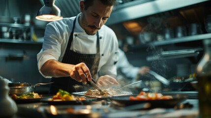 Chef in Uniform Cooking in Kitchen