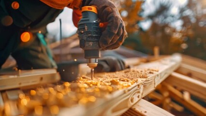 A carpenter using drill tool or electric screwdriver working at house construction site on a wooden roof truss for building a wooden house