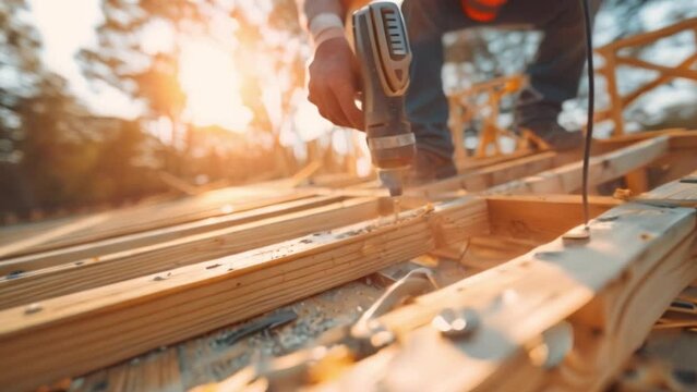 A carpenter works on wooden roof trusses as they shape the framework of a new home conceptual image of a carpenter working on wood beams for a new house