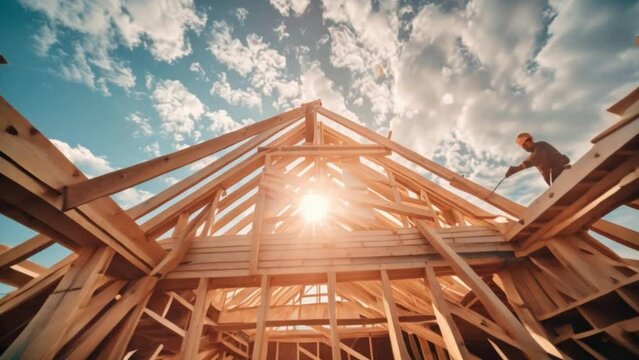 A carpenter works on wooden roof trusses as they shape the framework of a new home conceptual image of a carpenter working on wood beams for a new house