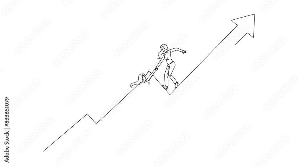 Poster animated self drawing of continuous line drawing businesswoman helps colleague to climb the rising a