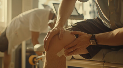 Fototapeta premium A moment of diagnostic care: a physiotherapist palpates a patient's knee, capturing the essence of individualized therapy and the commitment to restoring mobility and function.