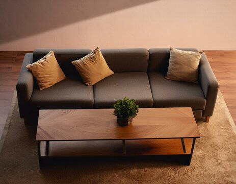 high-angle shot looking down on the coffee table and sofa. selective focus