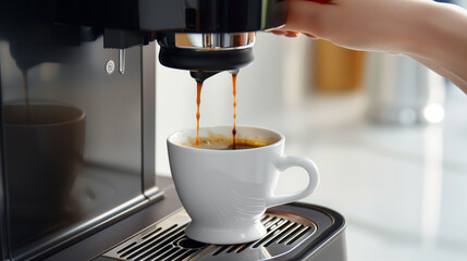 Coffee machine with a coffee cup, the barista's hand pours drink into a cup