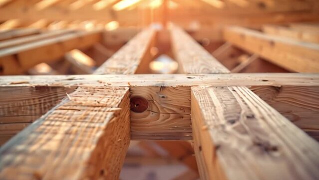A house at a construction site where a carpenter demonstrates his mastery of wooden roof trusses, paving the way for a new phase in homeownership Forming the outline of a house