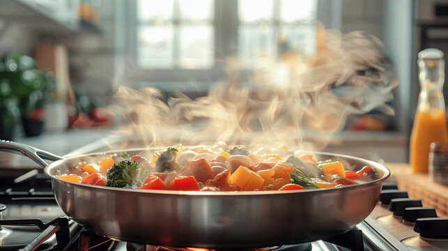 A steaming pot of Sinigang Na Hipon, a traditional Filipino sour shrimp soup, simmering on a stovetop.